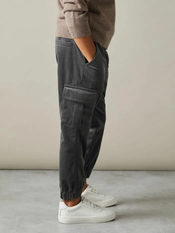 REISS Pants Children Corduroy Drawstring Trousers Steel Grey
