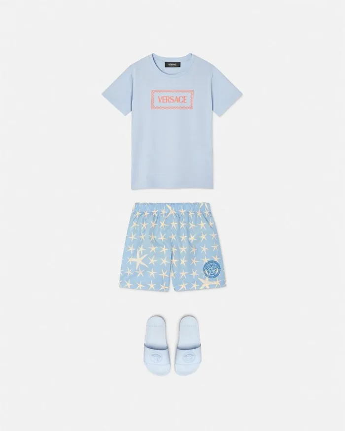 90s Vintage Logo Kids TShirt Light Blue Children Versace Clothing