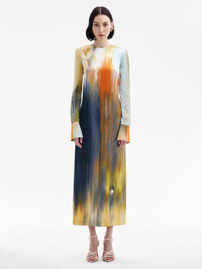 Abstract Brushstroke Marocaine Dress Calendula Multi Women Oscar De La Renta Dresses Abstract Brushstroke Marocaine Dress Calendula Multi Women Oscar De La Renta Dresses