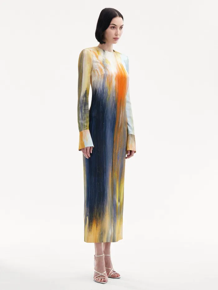 Abstract Brushstroke Marocaine Dress Calendula Multi Women Oscar De La Renta Dresses Abstract Brushstroke Marocaine Dress Calendula Multi Women Oscar De La Renta Dresses