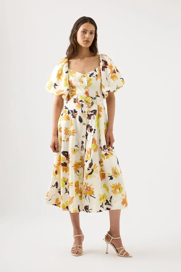 Aje Dresses Soleil Belted Midi Dress Pressed Sunflowers 8211 Women