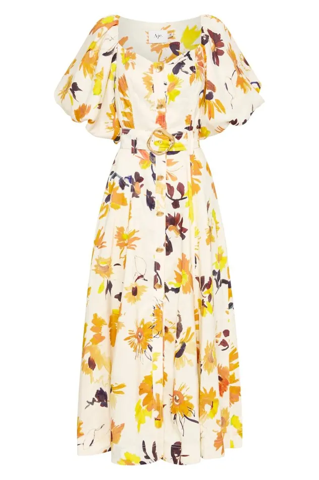 Aje Dresses Soleil Belted Midi Dress Pressed Sunflowers 8211 Women Aje Dresses Soleil Belted Midi Dress Pressed Sunflowers 8211 Women