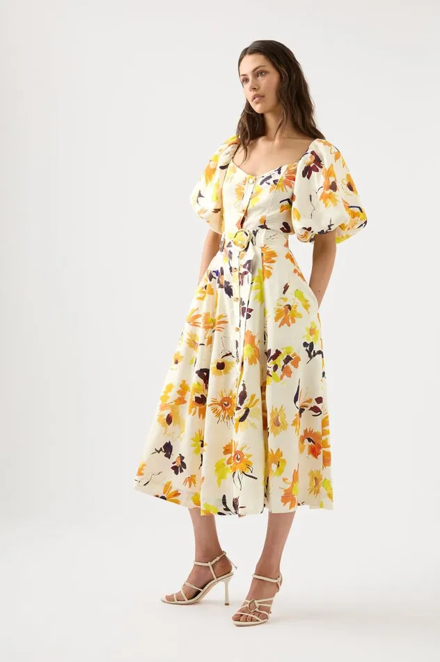 Aje Dresses Soleil Belted Midi Dress Pressed Sunflowers 8211 Women Aje Dresses Soleil Belted Midi Dress Pressed Sunflowers 8211 Women