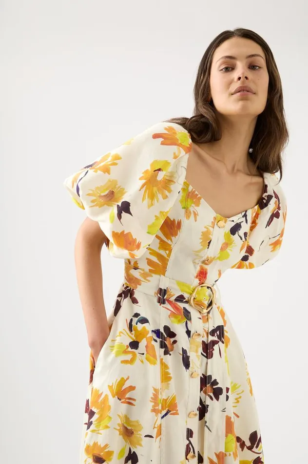 Aje Dresses Soleil Belted Midi Dress Pressed Sunflowers 8211 Women Aje Dresses Soleil Belted Midi Dress Pressed Sunflowers 8211 Women