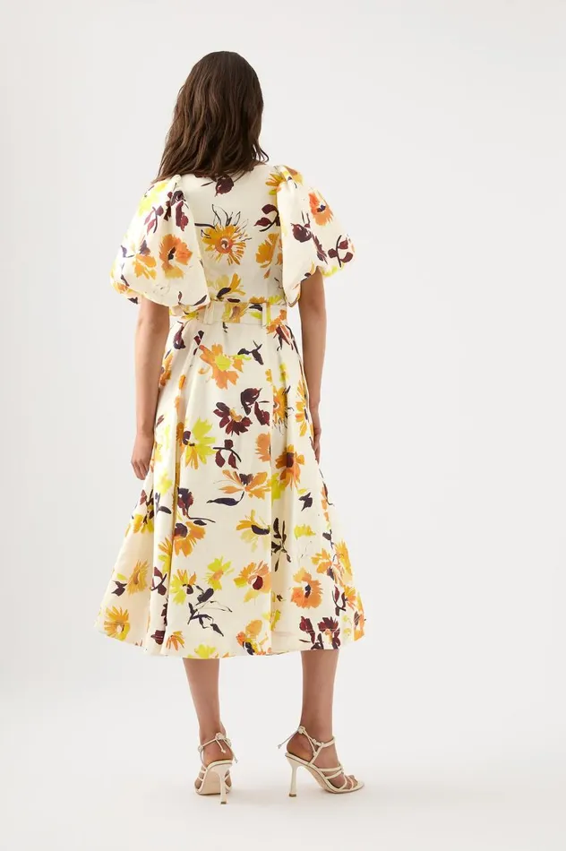 Aje Dresses Soleil Belted Midi Dress Pressed Sunflowers 8211 Women Aje Dresses Soleil Belted Midi Dress Pressed Sunflowers 8211 Women