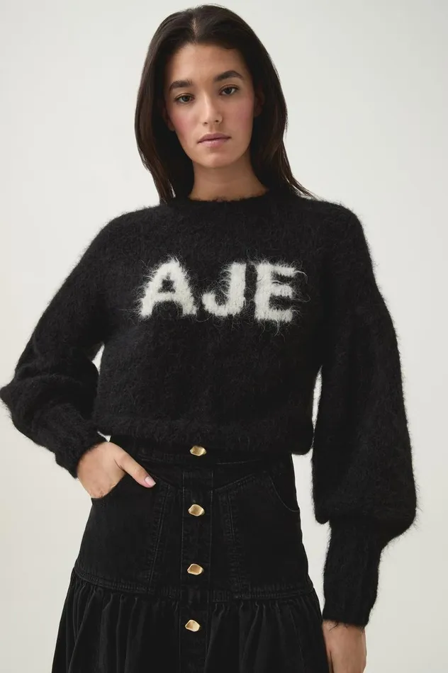 Aje Knitwear and Jumpers Moment Crew Neck Knit Blackwhite Logo 8211 Women Aje Knitwear and Jumpers Moment Crew Neck Knit Blackwhite Logo 8211 Women