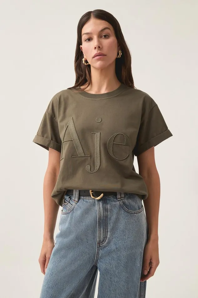 Aje Tees Alice Embroidered Logo Tee Khakikhaki 8211 Women Aje Tees Alice Embroidered Logo Tee Khakikhaki 8211 Women