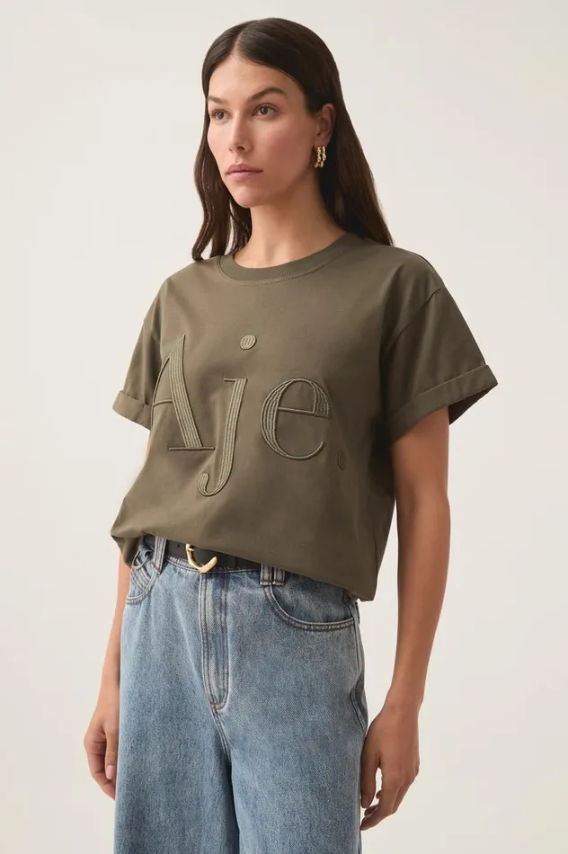 Aje Tees Alice Embroidered Logo Tee Khakikhaki 8211 Women Aje Tees Alice Embroidered Logo Tee Khakikhaki 8211 Women