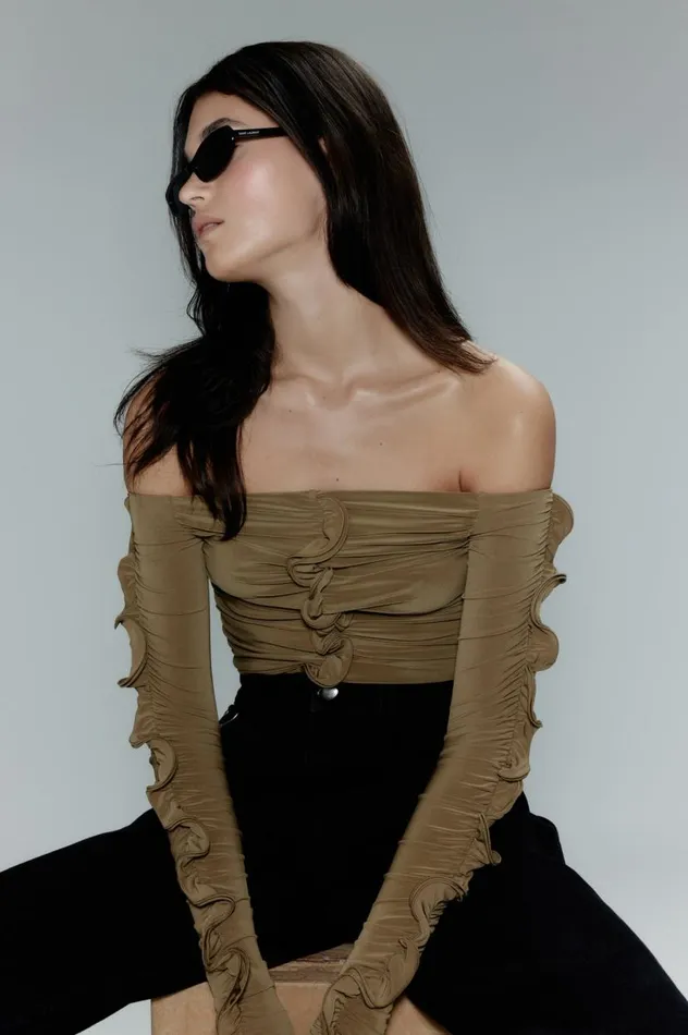 Aje Tops Regenerate Gathered Jersey Top Khaki 8211 Women