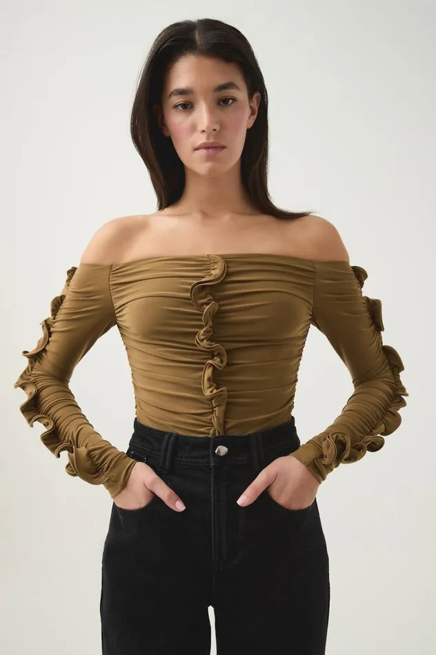 Aje Tops Regenerate Gathered Jersey Top Khaki 8211 Women Aje Tops Regenerate Gathered Jersey Top Khaki 8211 Women