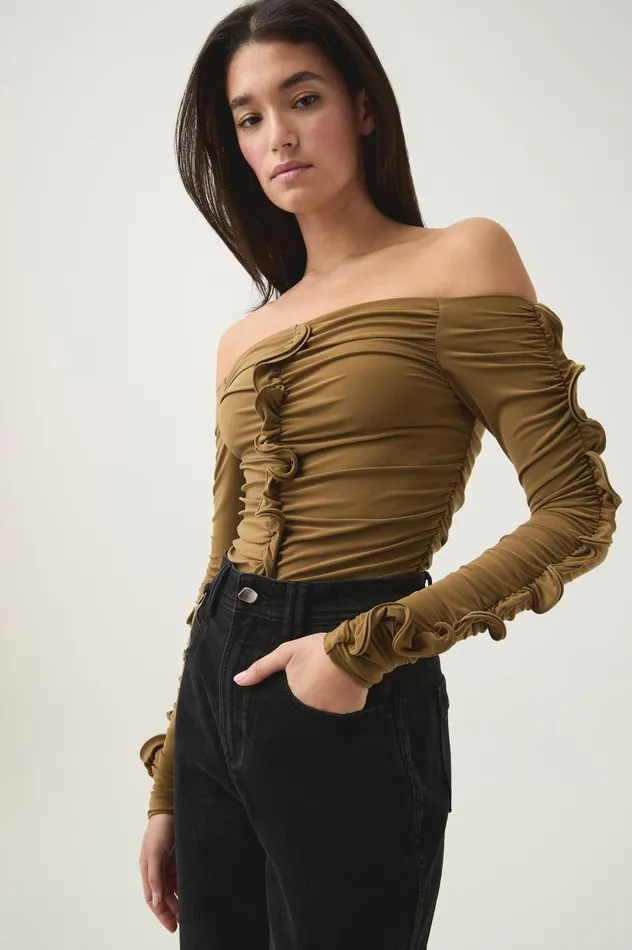 Aje Tops Regenerate Gathered Jersey Top Khaki 8211 Women Aje Tops Regenerate Gathered Jersey Top Khaki 8211 Women