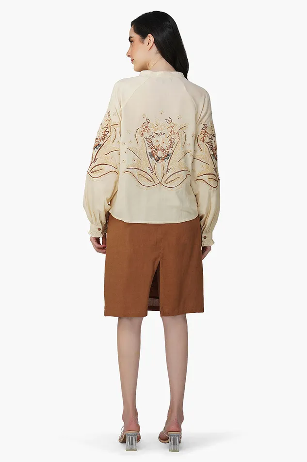 America and Beyond Bali Tiger Embroidered Blouse Women Tops