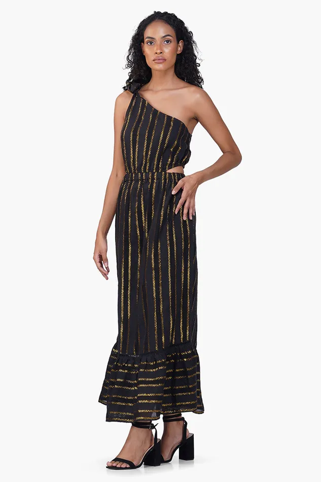 America and Beyond Dresses Women Gold Charm Black One Shoulder Dress