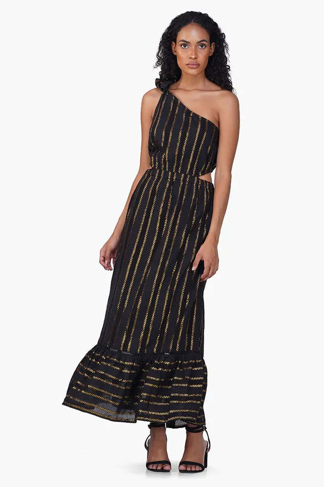 America and Beyond Dresses Women Gold Charm Black One Shoulder Dress