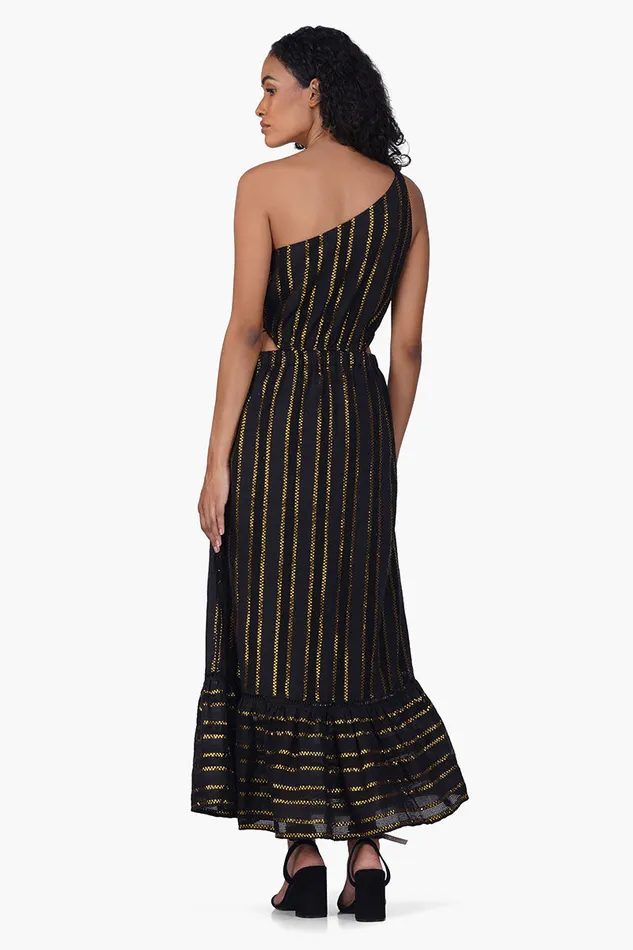 America and Beyond Dresses Women Gold Charm Black One Shoulder Dress