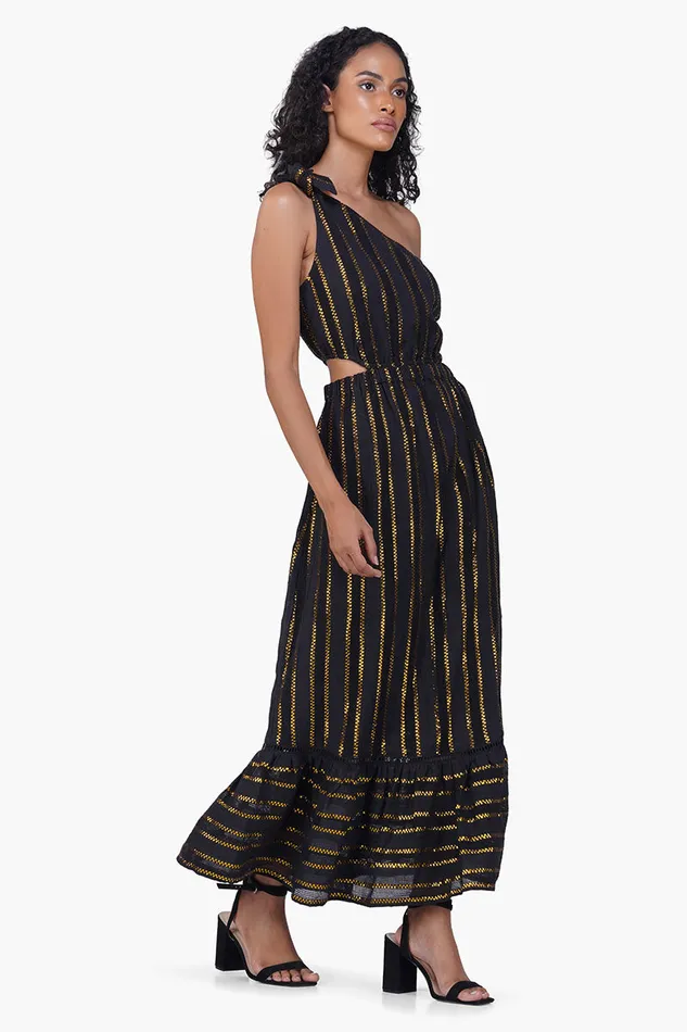 America and Beyond Dresses Women Gold Charm Black One Shoulder Dress