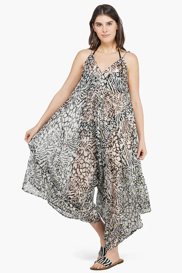 America and Beyond Jumpsuits Women Always Animal Chiffon Print Wide Leg Cover Up Jumpsuit
