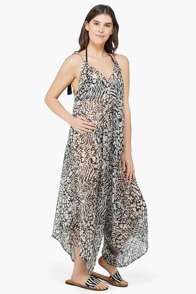 America and Beyond Jumpsuits Women Always Animal Chiffon Print Wide Leg Cover Up Jumpsuit