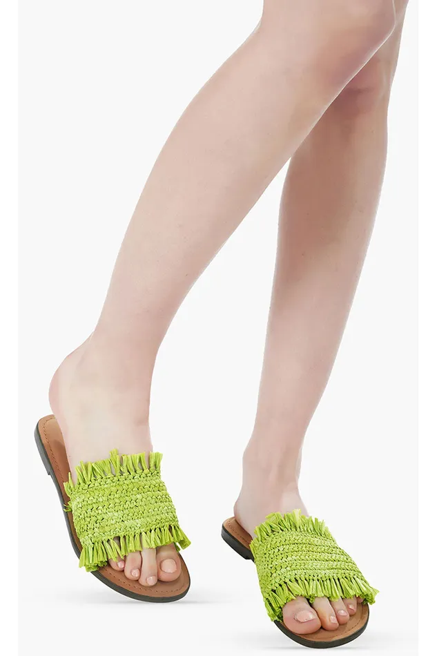 America and Beyond Sandals Women Neon Green Raffia Slide Sandals