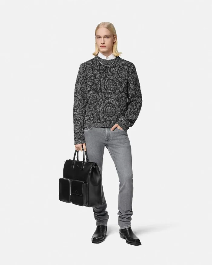 Barocco CableKnit Sweater Black Men Versace Knitwear