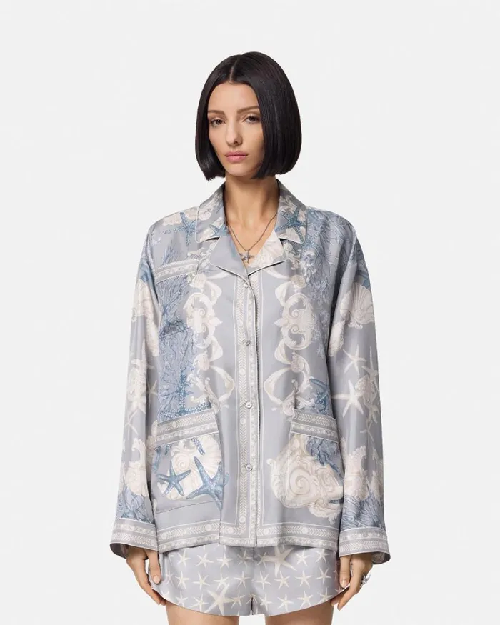 Barocco Sea Oversized Silk Shirt Blueprint Women Versace Shirts and Tops