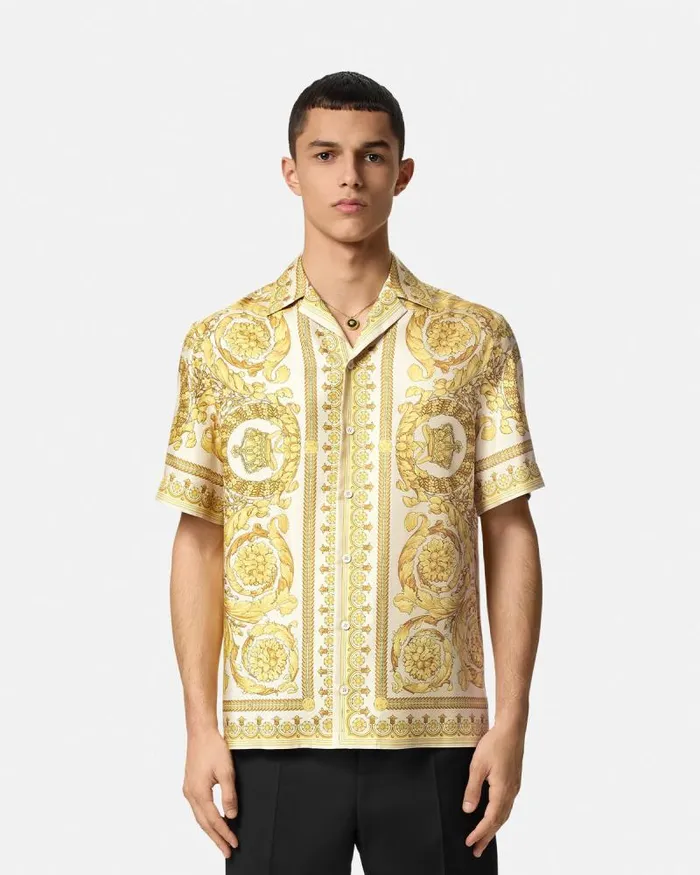 Barocco Silk Shirt Yellowprint Men Versace Shirts