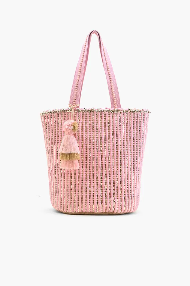Beach Bags America and Beyond Women Natural Beauty Upcyled Hand Woven Pink Tote