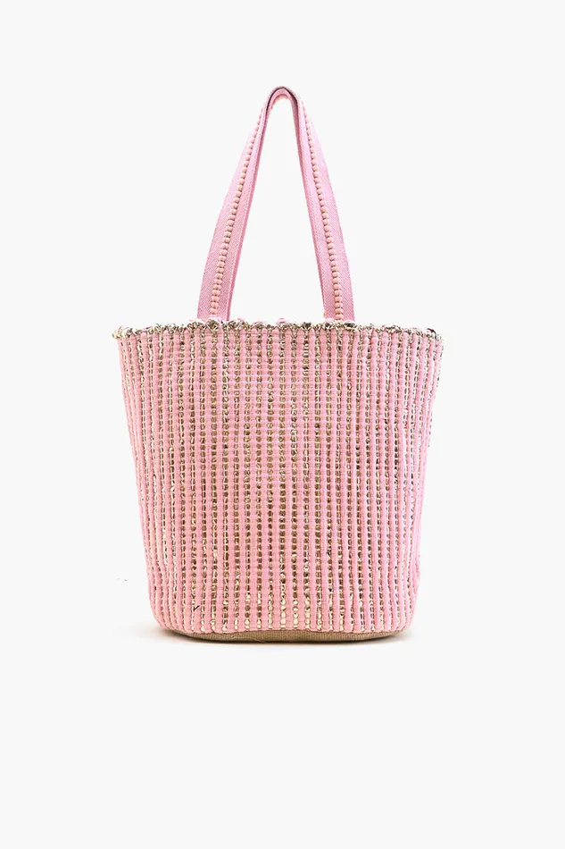 Beach Bags America and Beyond Women Natural Beauty Upcyled Hand Woven Pink Tote