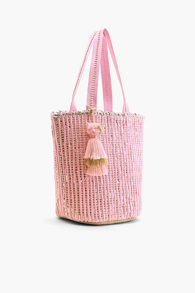 Beach Bags America and Beyond Women Natural Beauty Upcyled Hand Woven Pink Tote