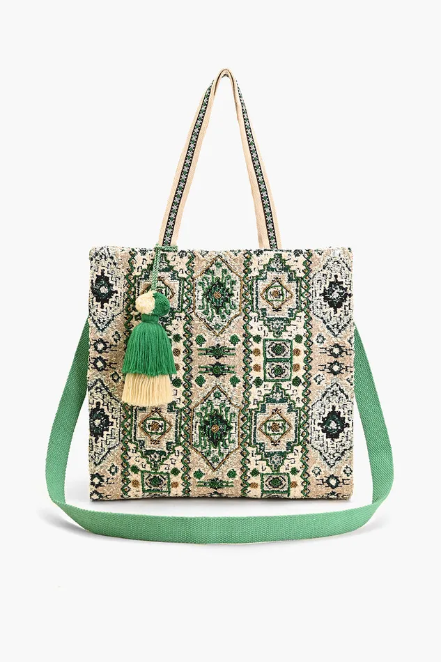 Beach Bags Jacquard Shopper with Adjustable Strap Green Multi 8211 America and Beyond Women
