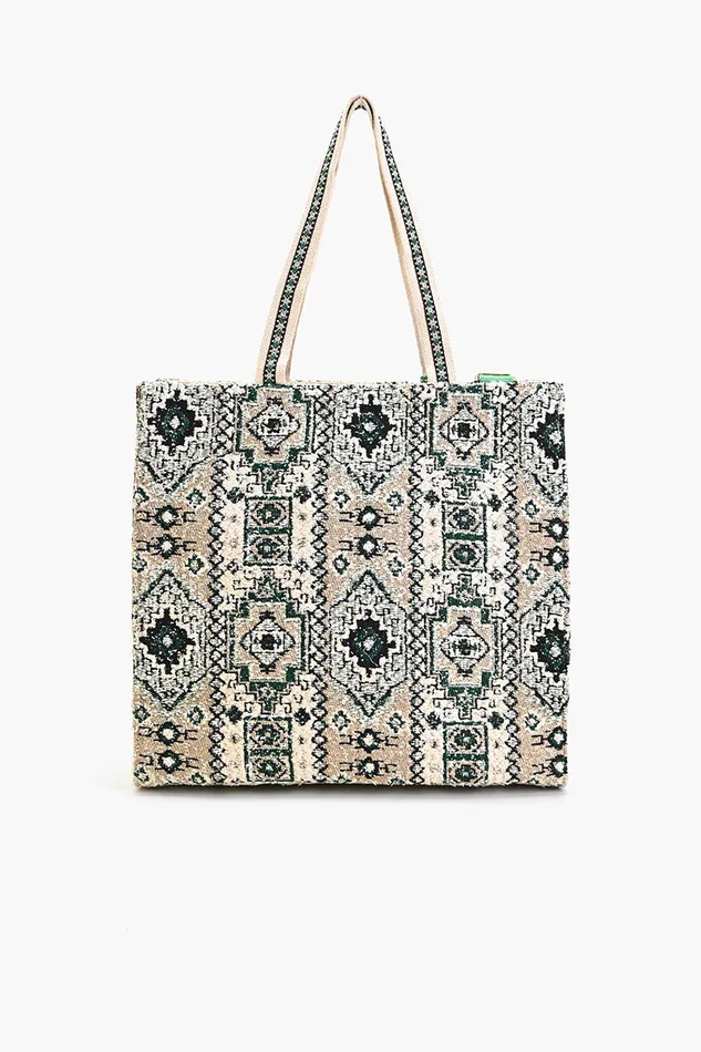 Beach Bags Jacquard Shopper with Adjustable Strap Green Multi 8211 America and Beyond Women