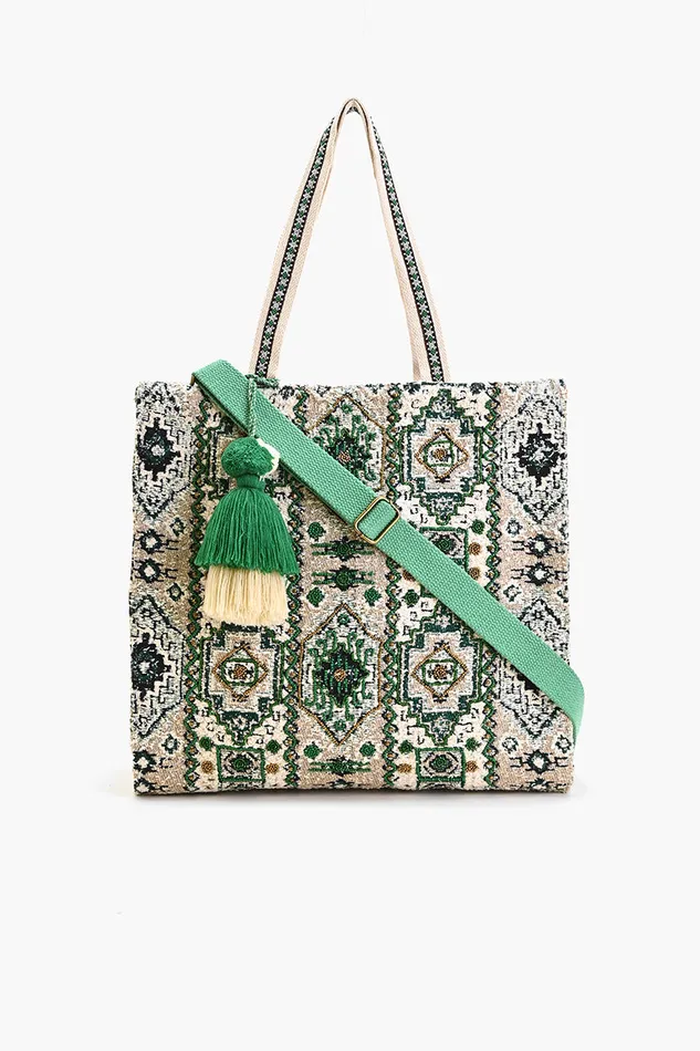 Beach Bags Jacquard Shopper with Adjustable Strap Green Multi 8211 America and Beyond Women