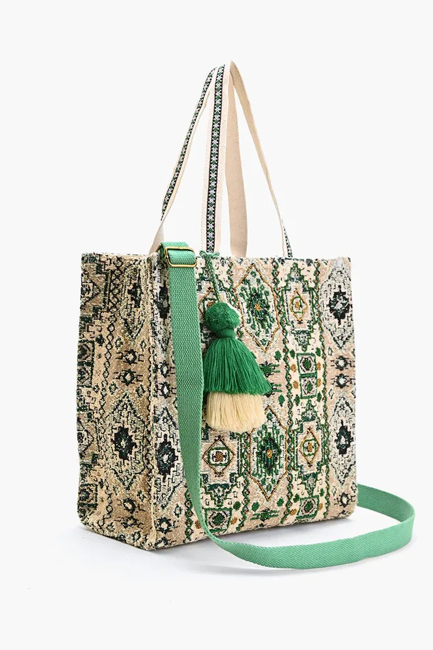 Beach Bags Jacquard Shopper with Adjustable Strap Green Multi 8211 America and Beyond Women