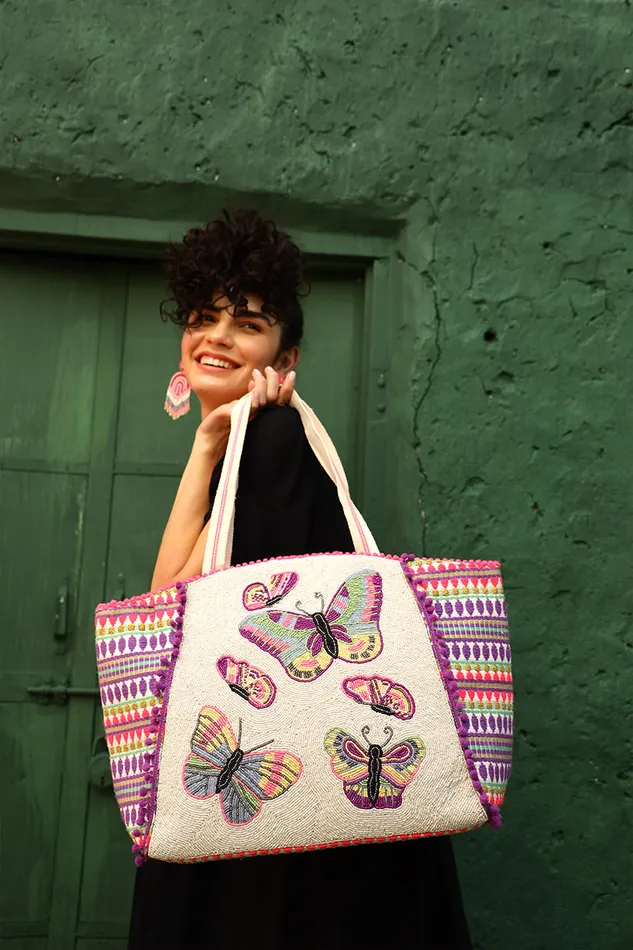 Beach Bags Rosebloom Butterfly Beaded Tote 8211 America and Beyond Women