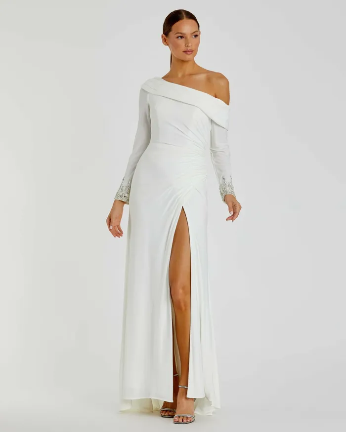 Best Sellers Women Mac Duggal Beaded Cuff Drop Shoulder Faux Wrap Dress White