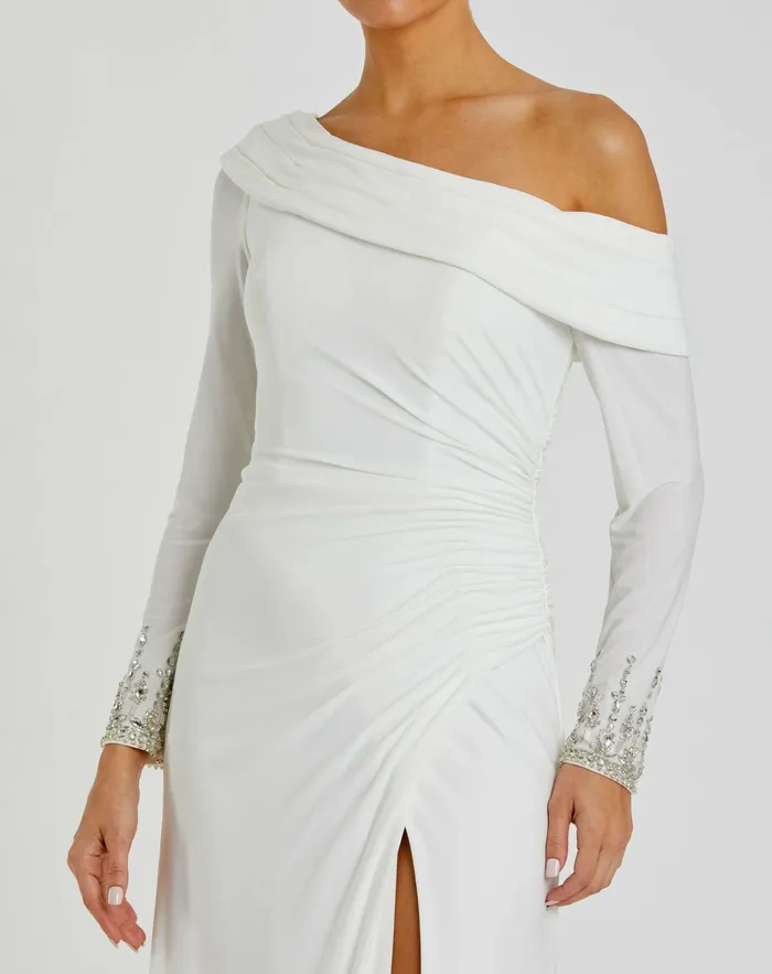 Best Sellers Women Mac Duggal Beaded Cuff Drop Shoulder Faux Wrap Dress White