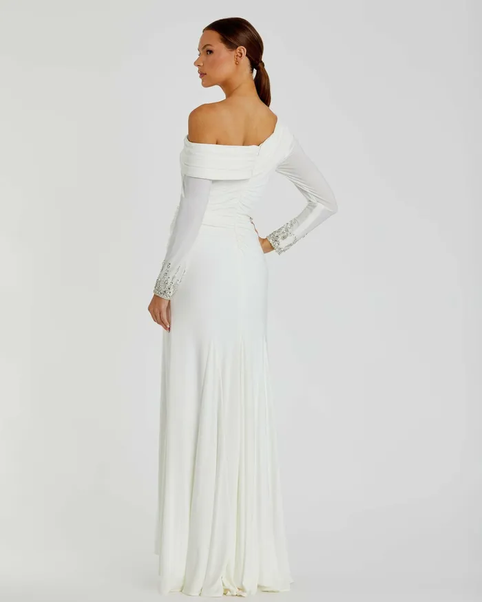 Best Sellers Women Mac Duggal Beaded Cuff Drop Shoulder Faux Wrap Dress White