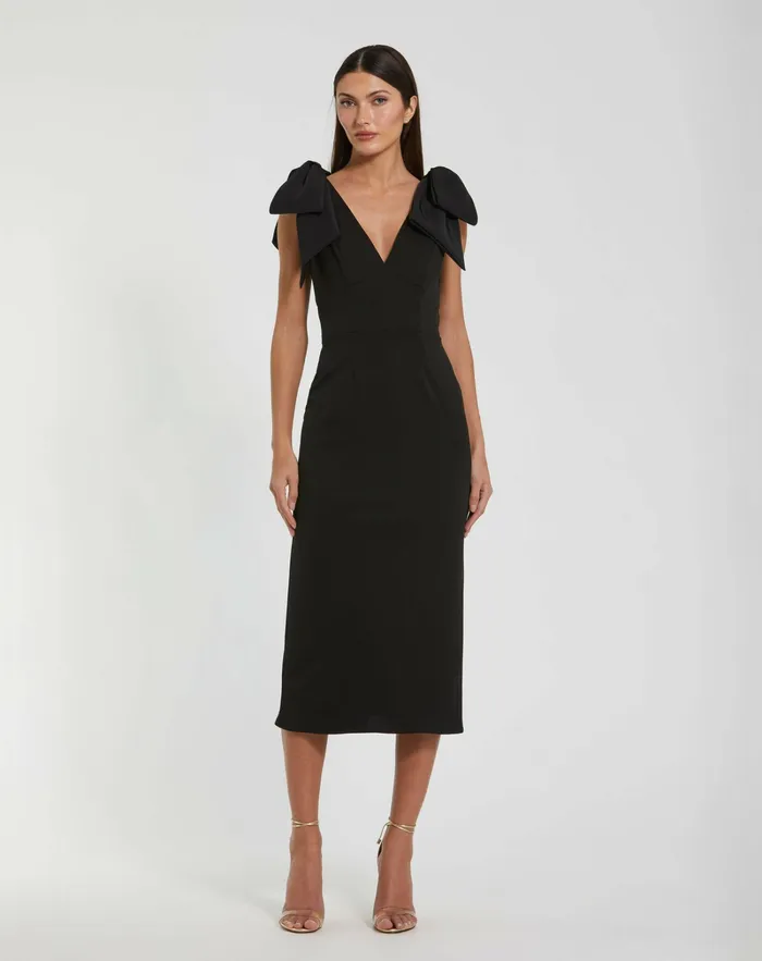 Best Sellers Women Mac Duggal Bow Strap Crepe Fitted Midi Dress Black