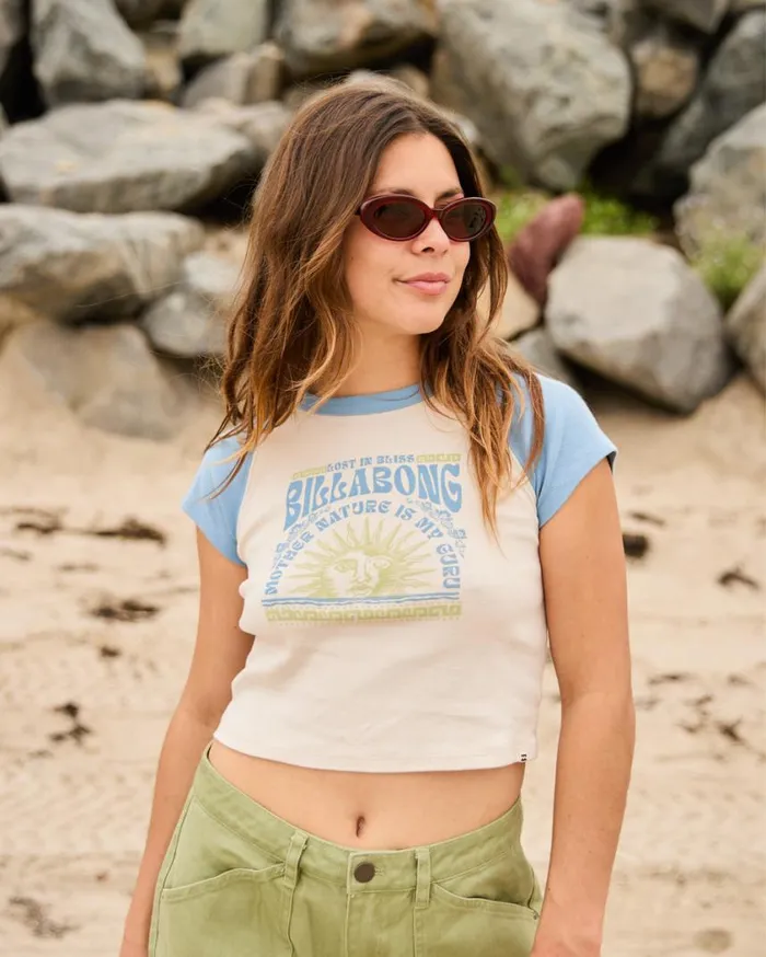 Billabong Blissed Cropped Raglan TShirt Blue Shadow Womens Graphic Tees and Tanks Billabong Blissed Cropped Raglan TShirt Blue Shadow Womens Graphic Tees and Tanks