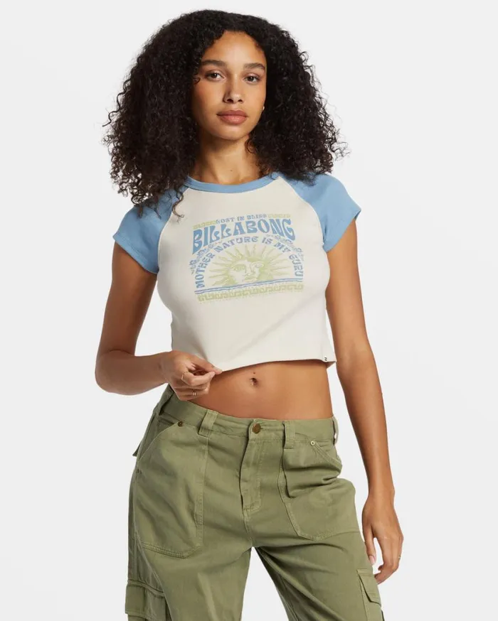 Billabong Blissed Cropped Raglan TShirt Blue Shadow Womens Graphic Tees and Tanks Billabong Blissed Cropped Raglan TShirt Blue Shadow Womens Graphic Tees and Tanks