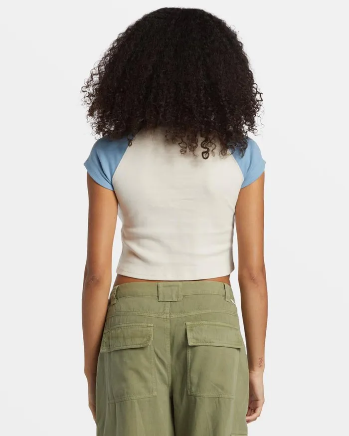 Billabong Blissed Cropped Raglan TShirt Blue Shadow Womens Graphic Tees and Tanks Billabong Blissed Cropped Raglan TShirt Blue Shadow Womens Graphic Tees and Tanks