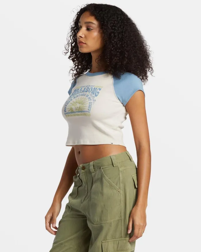 Billabong Blissed Cropped Raglan TShirt Blue Shadow Womens Graphic Tees and Tanks Billabong Blissed Cropped Raglan TShirt Blue Shadow Womens Graphic Tees and Tanks