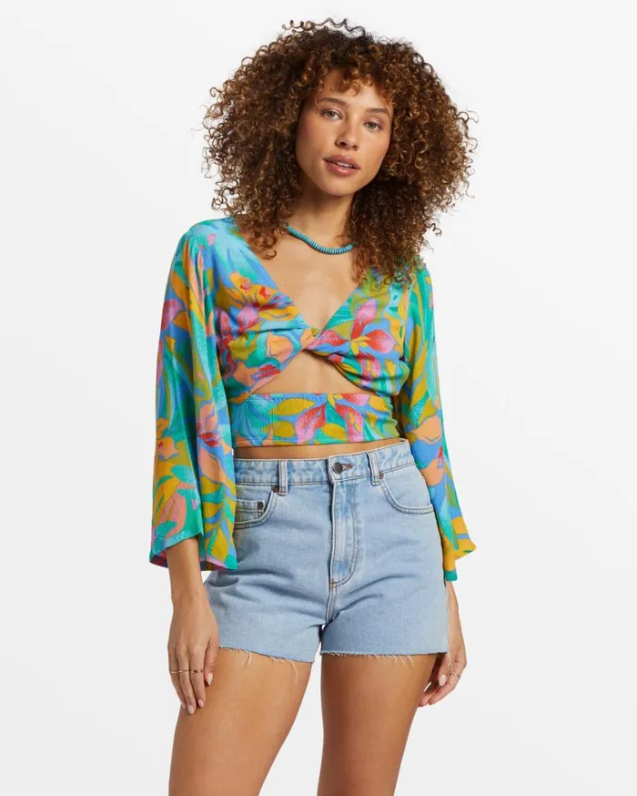 Billabong Summer Heat Bell Sleeve Crop Top Marina Womens Tops