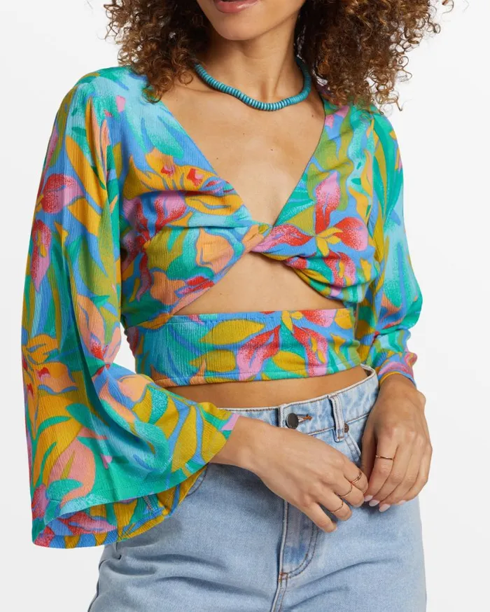 Billabong Summer Heat Bell Sleeve Crop Top Marina Womens Tops Billabong Summer Heat Bell Sleeve Crop Top Marina Womens Tops