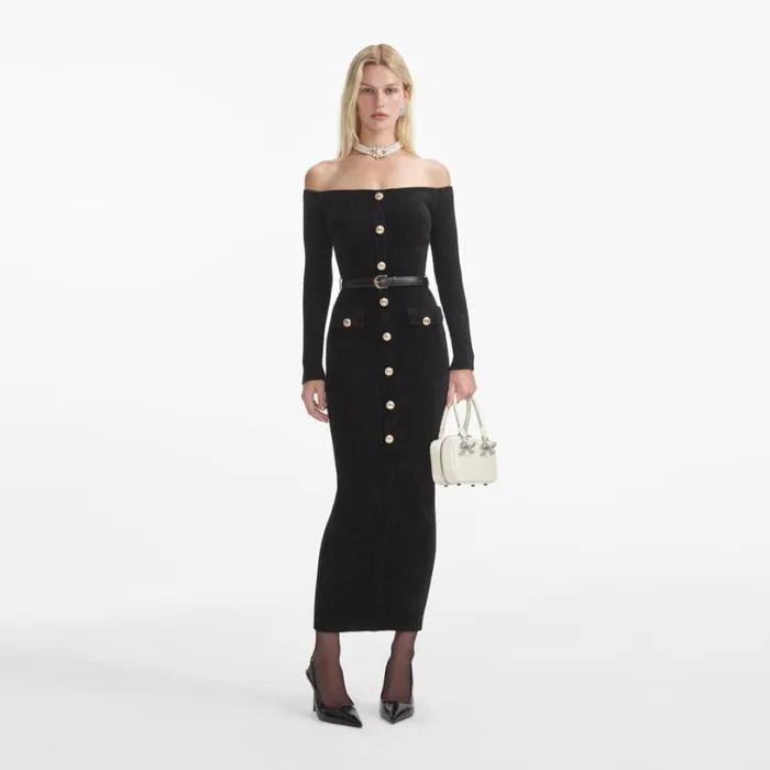 Black Chenille Knit Midi Dress Women Self Portrait Dresses