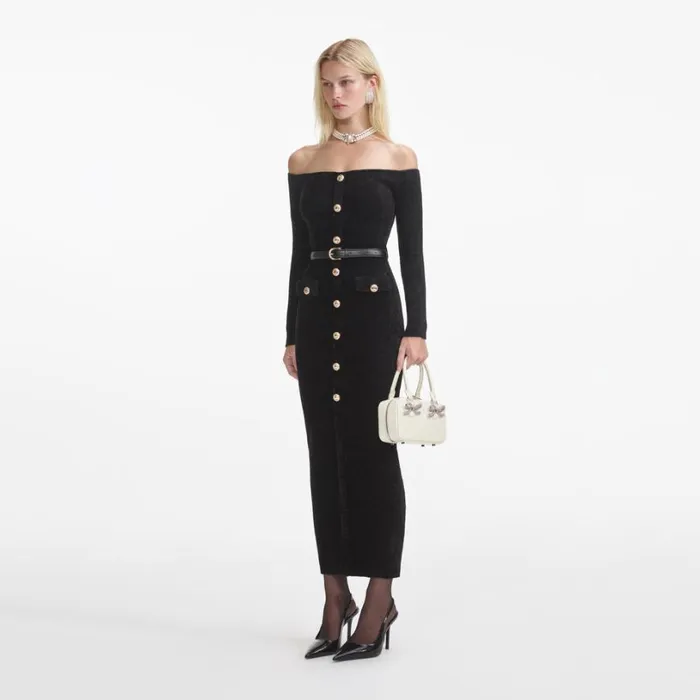 Black Chenille Knit Midi Dress Women Self Portrait Dresses Black Chenille Knit Midi Dress Women Self Portrait Dresses