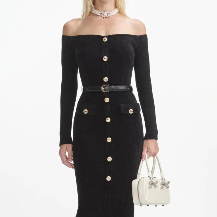 Black Chenille Knit Midi Dress Women Self Portrait Dresses Black Chenille Knit Midi Dress Women Self Portrait Dresses