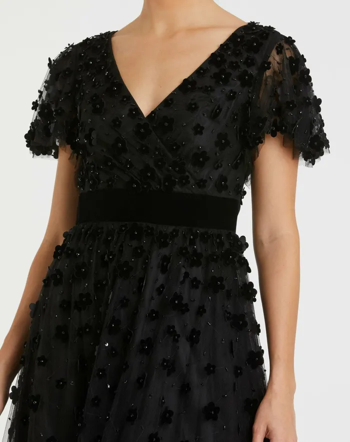 Black Embellished Butterfly Sleeve Velvet Hem Midi Dress Black Cocktail Dresses Mac Duggal Women