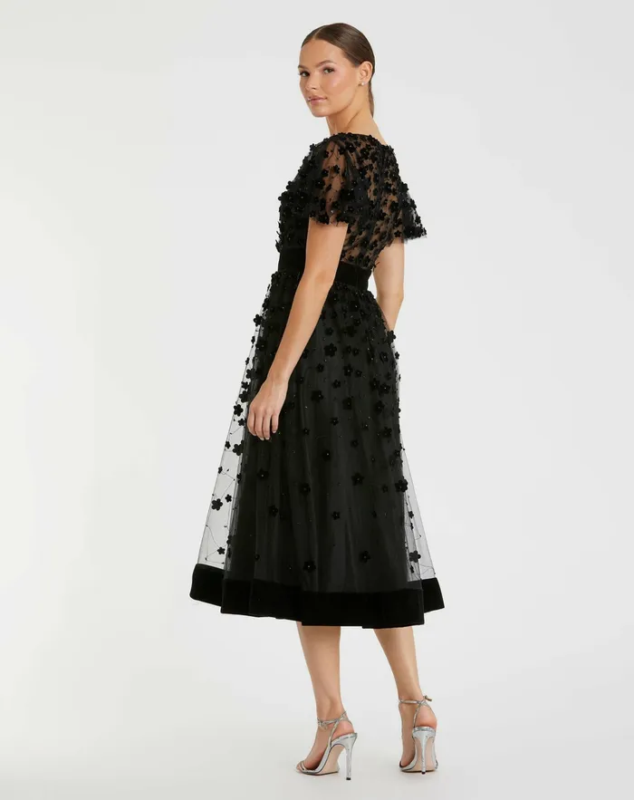 Black Embellished Butterfly Sleeve Velvet Hem Midi Dress Black Cocktail Dresses Mac Duggal Women
