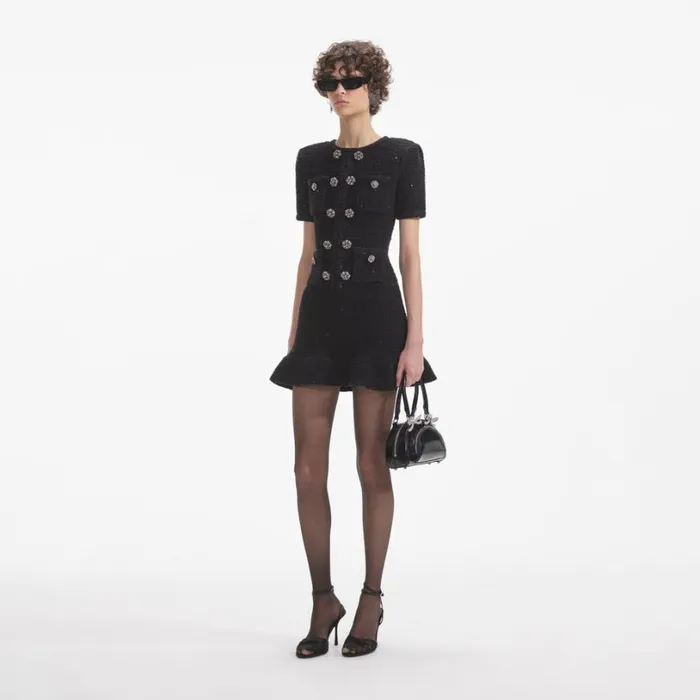 Black Knit Buttoned Mini Dress Women Self Portrait Dresses Black Knit Buttoned Mini Dress Women Self Portrait Dresses